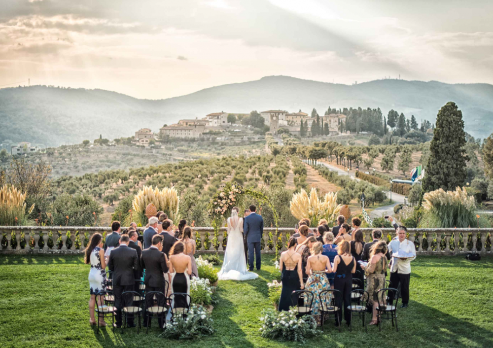wedding ceremony on the terrace of a villa medicea in tuscany