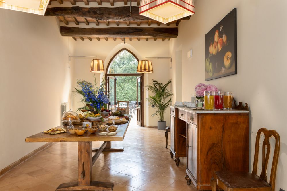 Breakfast buffet at the wedding castle in the Tuscan countryside