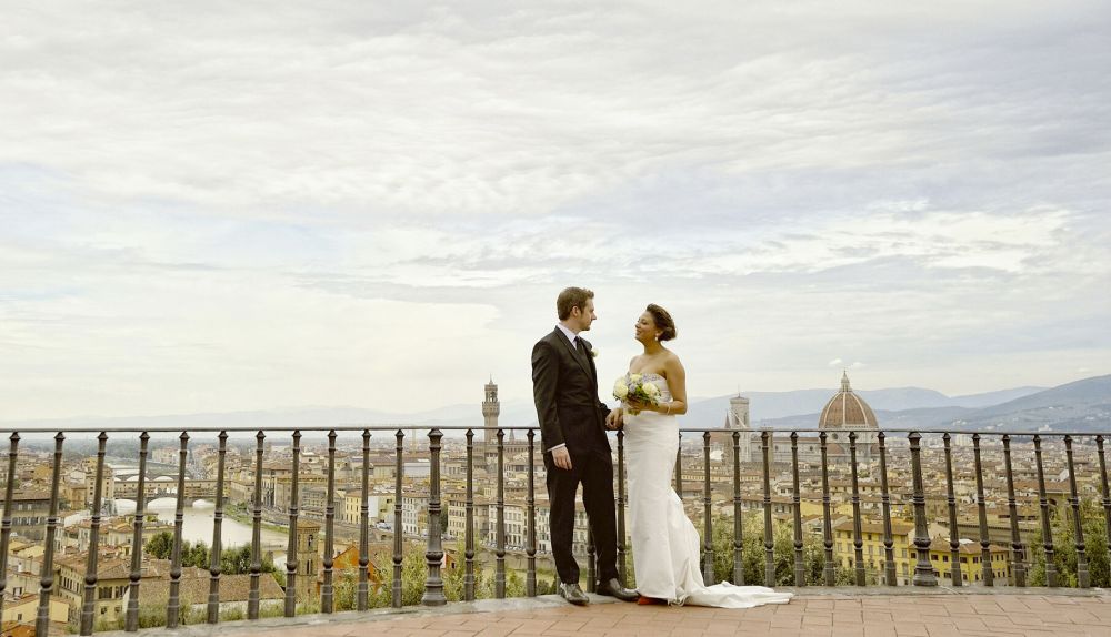 Bride and groom with view of Florence