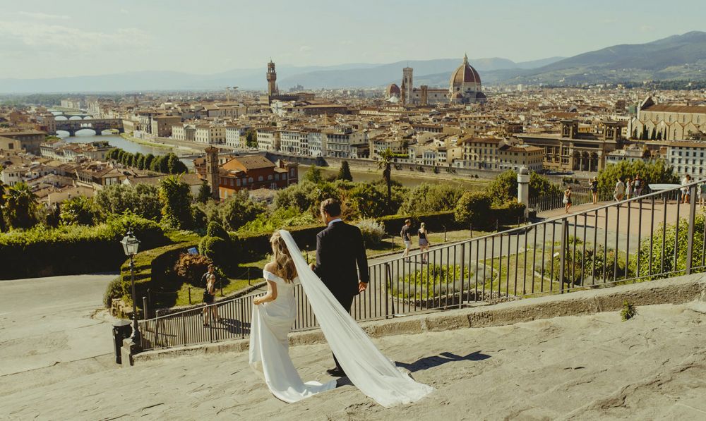 Bride and groom with view of Florence