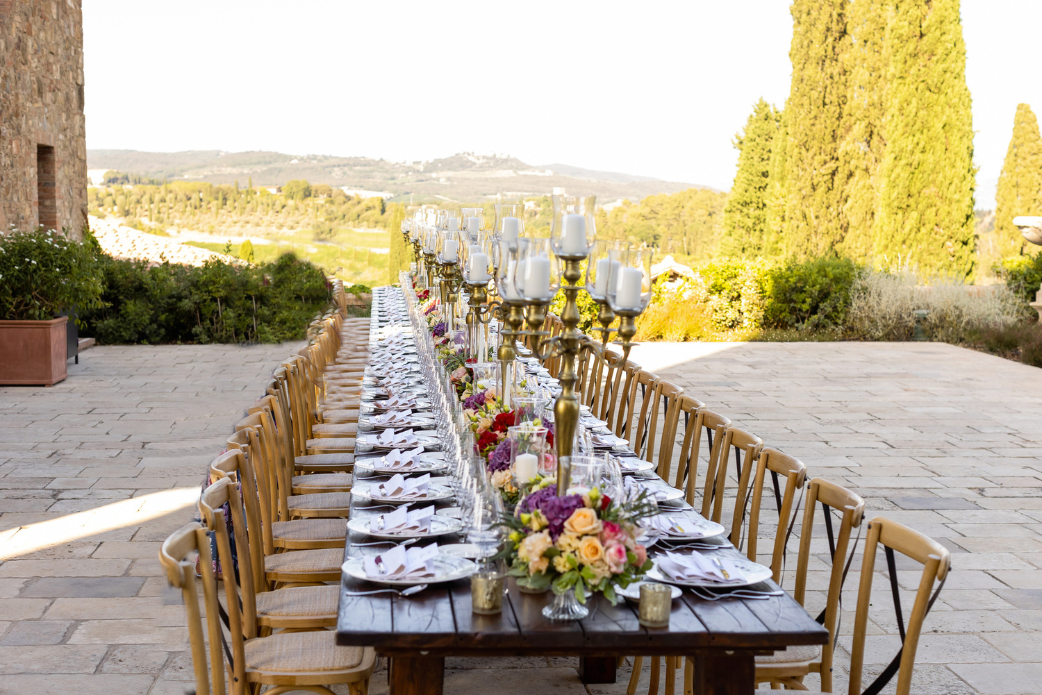 Dinner table with a view at the wedding venue in Tuscany