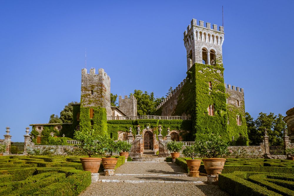 Facade of the luxury wedding castle in Siena