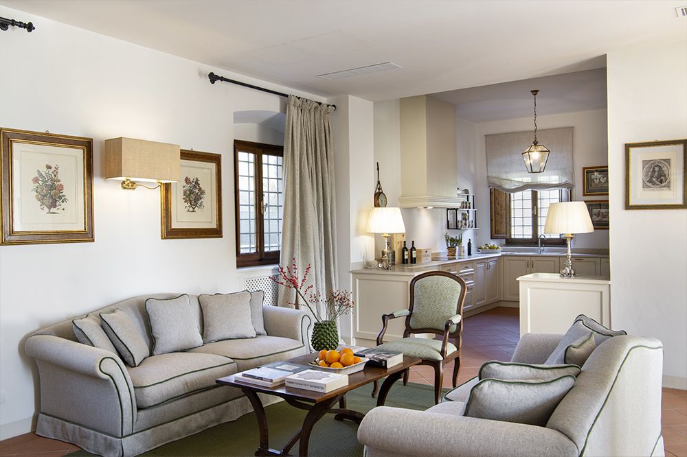 Living room and kitchen of the luxury wedding resort in the Tuscan countryside