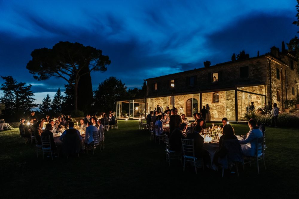 Night wedding dinner at the romantic wedding farmhouse in Tuscany