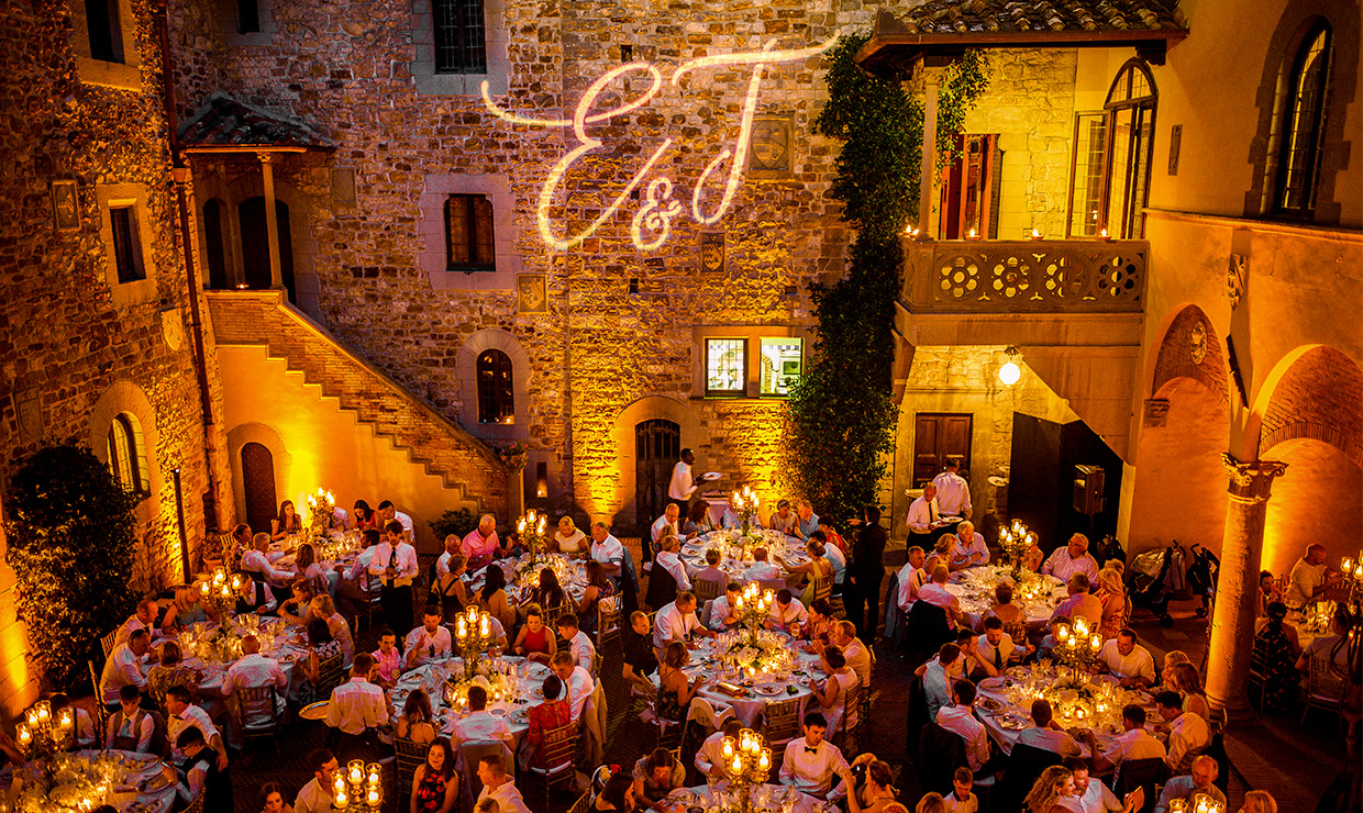 night wedding gala dinner medieval castle tuscany