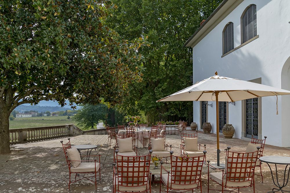 Terrace with trees at the luxury wedding resort in the Tuscan countryside