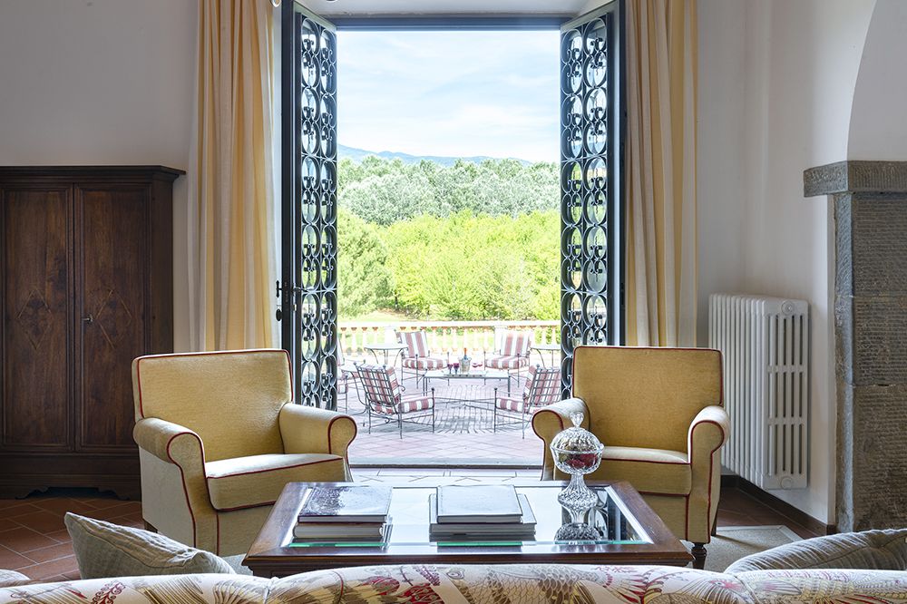 View of the countryside from living room at the luxury wedding resort in the Tuscan countryside