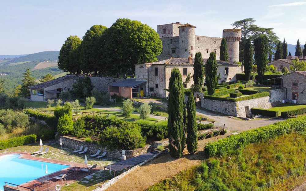 View of the pool at the Medieval castle in Tuscany