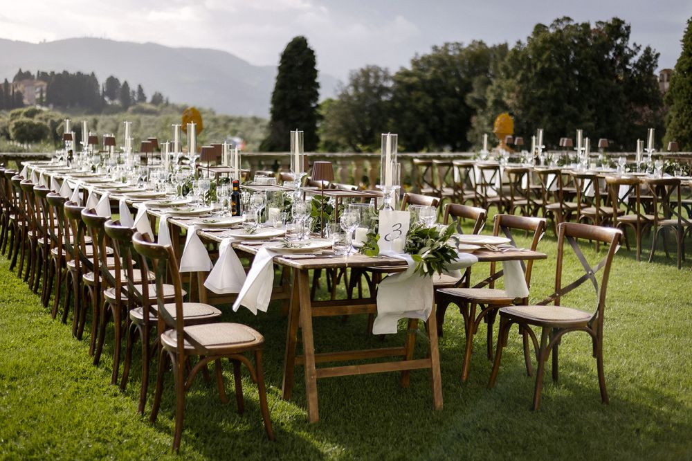 View of the wedding dinner tables at the villa Medicea in Tuscany