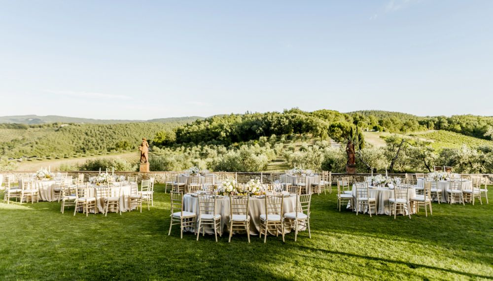 Wedding dinner tables at the romantic wedding farmhouse in Tuscany